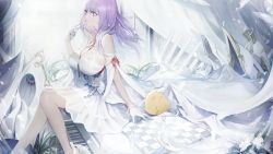  1girl artillery artist_request azur_lane breasts chess_piece chessboard cleavage cleavage_cutout clothing_cutout dress feet_out_of_frame flower from_side gloves half_gloves huge_breasts instrument loading_screen long_hair manjuu_(azur_lane) official_art piano plymouth_(azur_lane) purple_eyes purple_hair rigging see-through see-through_dress see-through_silhouette sitting_on_piano sleeveless sleeveless_dress solo third-party_source white_dress white_flower white_gloves  rating:Sensitive score:12 user:danbooru