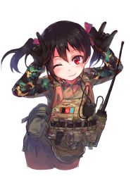  10s 1girl \m/ ammunition_pouch arms_up bad_id bad_pixiv_id black_hair blush body_armor camouflage double_\m/ fanny_pack flak_jacket gloves jacket load_bearing_vest love_live! love_live!_school_idol_project magazine_(weapon) military nico_nico_nii nightmaremk2 one_eye_closed patch pouch radio radio_antenna red_eyes short_hair short_twintails solo twintails walkie-talkie white_background yazawa_nico  rating:Sensitive score:12 user:danbooru