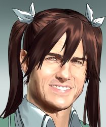  1boy blew_andwhite brown_eyes brown_hair cosplay gradient_background grey_background hair_between_eyes hair_ribbon kantai_collection lips long_hair looking_at_viewer male_focus nose portrait pun real_life realistic ribbon smile solo teeth tom_cruise tone_(kancolle) tone_(kantai_collection)_(cosplay) twintails what  rating:Sensitive score:37 user:danbooru