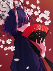  1girl absurdres black_kimono bob_cut branch cherry_blossoms eyeshadow fan_over_face fate/grand_order fate_(series) flower folding_fan hand_fan highres holding holding_fan horns japanese_clothes kimono looking_at_viewer makeup oni purple_eyes purple_hair red_background red_eyeshadow shirai_nana short_hair shuten_douji_(fate) simple_background skin-covered_horns solo wide_sleeves  rating:General score:8 user:danbooru