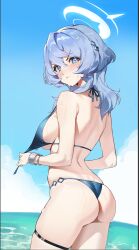  1girl absurdres adapted_costume ako_(blue_archive) ako_(dress)_(blue_archive) ass back bare_shoulders beach bikini blue_archive blue_bikini blue_eyes blue_hair blue_sky blush breasts cloud cowboy_shot day from_behind hair_between_eyes halo highres horizon large_breasts long_hair looking_at_viewer looking_back ocean outdoors runfufu sideboob skindentation sky solo standing strap_break string_bikini swimsuit tearing_up thigh_strap thighs torn_bikini torn_clothes torn_swimsuit wardrobe_malfunction water wet 