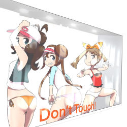 3girls against_glass ass ass_press bare_shoulders baseball_cap blue_eyes breasts brown_eyes brown_hair cheek_press cheek_squash come_hither creatures_(company) double_bun from_behind game_freak grin hair_bun hat highres hilda_(pokemon) long_hair looking_at_viewer looking_back may_(pokemon) microsd_(pibo) multiple_girls naughty_face nintendo open_mouth panties pokemon pokemon_bw pokemon_bw2 pokemon_oras ponytail rosa_(pokemon) shiny_skin short_hair_with_long_locks smile thong twintails underwear very_long_hair rating:Questionable score:116 user:armorcrystal