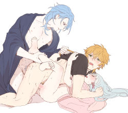  1girl 2boys abs anal ayaka_(genshin_impact) barefoot bisexual bisexual_male bisexual_sandwich black_shirt blonde_hair blouse blue_hair blush brother_and_sister censored clothes_pull dal-gi genshin_impact green_eyes group_sex hair_between_eyes hair_ribbon heart heart_censor highres incest kamisato_ayato kneeling leg_lock long_hair lucky_pierre lying male_focus male_penetrated male_pubic_hair mmf_threesome multiple_boys muscular muscular_arms muscular_legs muscular_male muscular_uke nipples nude on_back open_clothes parted_lips pectorals pink_ribbon pubic_hair ribbon saliva sex shirt shirt_pull siblings silver_hair sitting sweat thighs thoma_(genshin_impact) threesome toned toned_male toned_stomach tress_ribbon vaginal white_background 