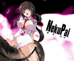  10s 1girl between_breasts blush bottomless breasts brown_eyes brown_hair cleavage cum cum_on_body cum_on_breasts cum_on_upper_body dress_shirt horse large_breasts nagare_hyougo necktie necktie_between_breasts okita_sawa open_clothes open_mouth open_shirt sabure saddle shirt tari_tari twintails 