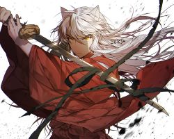  1boy animal_ears inuyasha inuyasha_(character) japanese_clothes long_hair looking_at_viewer male_focus sukja sword weapon white_hair wolf_ears yellow_eyes 