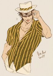  1boy big_bad_wolf brown_hair character_name collarbone cropped_legs grey_background hand_in_pocket hat highres looking_over_eyewear male_focus pants shirt short_hair short_sleeves sideways_glance simple_background solo sparse_stubble striped_clothes striped_shirt sunglasses three_little_pigs tongue tongue_out uochandayo white_hat white_pants 