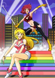  2000s_(style) 2girls 1990s_(style) armband armpits artist_name blonde_hair bodysuit boots breasts brown_eyes cleavage cleavage_cutout clothing_cutout collar cutie_honey cutie_honey_(character) dual_persona gloves hair_ornament heart heart_collar heart_cutout highres impossible_clothes jewelry kisaragi_honey kurumi-lover long_hair looking_at_viewer looking_down medium_breasts miniskirt multiple_girls navel open_mouth panties re:_cutie_honey red_eyes red_hair shirt shoes short_hair sitting skirt smile stairs sword thighhighs tomboy underwear weapon 