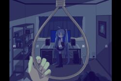  1girl 1other absurdres ambiguous_gender arms_behind_back blue_eyes blue_hair blurry blurry_foreground book bookshelf boots closed_mouth commentary_request computer curtains dark_room desk desktop from_side glowing glowing_eyes grey_shirt hatsune_miku highres holding holding_rope imminent_suicide indoors long_hair looking_at_viewer looking_to_the_side monitor noose pleated_skirt pov pov_hands rope shiro_kuro_(shirokuro_3939) shirt skirt sleeveless sleeveless_shirt smile song_name speaker standing thigh_boots translated twintails very_long_hair vocaloid zaregoto_no_zatsuon_(vocaloid) 