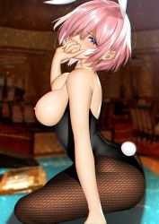  1girl absurdres animal_ears ass bad_id bad_twitter_id black_leotard breasts breasts_out brown_pantyhose eyes_visible_through_hair fake_animal_ears fake_tail fate/grand_order fate_(series) fishnet_pantyhose fishnets highres indoors large_breasts leotard looking_at_viewer mairudo_(mildcoffee1117) mash_kyrielight nipples on_table one_eye_closed pantyhose playboy_bunny poker_table purple_eyes purple_hair rabbit_ears rabbit_tail short_hair sitting sitting_on_table strapless table tail  rating:Questionable score:40 user:danbooru