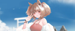 1girl :d absurdres angelina_(arknights) angelina_(summer_flower)_(arknights) animal_ears arknights bare_shoulders blue_sky blurry blurry_background blush breasts brown_hair cleavage collar day depth_of_field fox_ears highres infection_monitor_(arknights) jewelry large_breasts looking_at_viewer nail_polish necklace official_alternate_costume open_mouth outdoors red_eyes red_nails short_hair sky smile solo torii two_side_up upper_body v wristband xiaobei rating:Sensitive score:3 user:danbooru