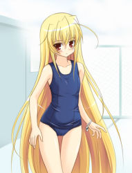  1girl blonde_hair blush bracelet cameltoe chain-link_fence cowboy_shot fence flat_chest fortune_arterial jewelry long_hair looking_at_viewer masakichi_(crossroad) one-piece_swimsuit outdoors red_eyes school_swimsuit sendou_kaya solo standing swimsuit tag very_long_hair  rating:Sensitive score:5 user:danbooru