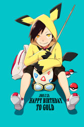  1boy animal_hood backpack bag black_hair black_shorts blue_background character_name commentary cosplay creatures_(company) dated egg english_commentary ethan_(pokemon) full_body game_freak gen_2_pokemon goggles grin happy_birthday highres hood hood_up hoodie long_sleeves looking_at_viewer male_focus nintendo pichu pichu_(cosplay) poke_ball poke_ball_(basic) pokemon pokemon_adventures pokemon_ears pokemon_egg pokemon_tail rohi_(luzi) shoes shorts simple_background sitting smile sneakers solo stick tail togepi togepi_egg yellow_eyes yellow_hoodie 