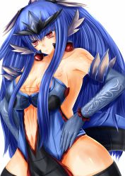  1girl bare_shoulders blue_hair breasts cleavage clothing_cutout creatures_(company) earrings elbow_gloves fang game_freak gen_1_pokemon gloves gyarados highres impossible_clothes jewelry large_breasts leotard long_hair navel navel_cutout nintendo personification pointy_ears pokemon red_eyes slit_pupils solo strapless super_oniko thighhighs  rating:Questionable score:18 user:danbooru