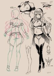 1girl ass breasts character_sheet concept_art elf female_focus full_body hairband jewelry monochrome multiple_views navel necklace no_pussy pointy_ears see-through showgirl_skirt sketch small_breasts spot_color standing thighhighs usagi_nagomu rating:Questionable score:18 user:cheezeit