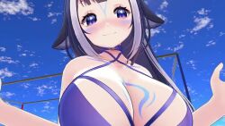  1girl 3d animal_ears animated bikini black_hair blue_eyes blush bouncing_breasts breast_focus breasts cat_ears cat_girl cleavage collar collarbone dancing from_below indie_virtual_youtuber large_breasts markings music orca orca_girl shylily sky smile solo sound swimsuit video virtual_youtuber  rating:Questionable score:193 user:JustHere4Butts