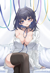 1girl absurdres alternate_costume bare_shoulders between_breasts black_thighhighs blue_eyes blue_hair blue_nails blue_ribbon bow bow_earrings breasts choker cleavage collarbone commentary crossed_legs dark_blue_hair earrings english_commentary hair_between_eyes hair_intakes head_tilt highres hololive hololive_english jewelry large_breasts licking_lips long_sleeves looking_at_viewer medium_hair naked_shirt no_bra open_clothes open_shirt ouro_kronii partially_unbuttoned ribbon ribbon_choker shirt shunnukiki sitting solo thighhighs tongue tongue_out virtual_youtuber white_shirt rating:Sensitive score:28 user:danbooru