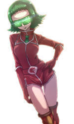 1girl boots bryony_(pokemon) closed_mouth commentary_request creatures_(company) game_freak green_hair green_necktie hand_on_own_hip high_collar highres jacket kotobukkii_(yt_lvlv) lipstick makeup necktie nintendo pokemon pokemon_xy red_jacket red_shirt red_shorts shirt short_hair shorts side_slit side_slit_shorts solo team_flare team_flare_uniform
