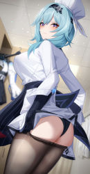  1girl ass ass_focus black_panties blue_hair blush breasts bulge chef_hat chef clothes_pull embarrassed eula_(genshin_impact) genshin_impact grabbing hair_ornament hairband hat highres huge_ass large_breasts medium_hair multicolored_eyes nipples covered_erect_nipples panties pantyhose pantyhose_pull removing_legwear solo thick_thighs thighs underwear vision_(genshin_impact)  rating:Explicit score:75 user:Y.E.S_Lover