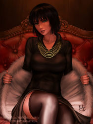  1girl 2017 artist_name black_hair black_shirt black_thighhighs blouse breasts coat collared_shirt deviantart_username fingernails fubuki_(one-punch_man) fur_coat green_eyes head_tilt highres jewelry large_breasts lips long_sleeves looking_at_viewer necklace nose on_chair one-punch_man open_clothes open_coat open_mouth parted_lips patreon_username realistic sciamano240 shiny_clothes shirt short_hair signature sitting solo taut_clothes thighhighs watermark web_address wing_collar zettai_ryouiki  rating:Sensitive score:64 user:danbooru