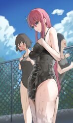  3girls absurdres black_hair black_one-piece_swimsuit blue_sky blush bocchi_the_rock! breasts bulge closed_mouth cloud cube_hair_ornament day fence futanari gotoh_hitori hair_between_eyes hair_ornament highres large_breasts long_hair multiple_girls one-piece_swimsuit open_mouth outdoors pink_hair short_hair sky solo_focus standing swimsuit uuuron_cha wet  rating:Questionable score:159 user:danbooru