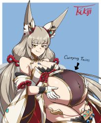 1girl absurdres animal_ear_fluff big_belly blue_background blush breasts brown_eyes brown_hair cleavage english_text gloves hands_on_belly highres japanese_clothes kimono kitsune long_hair looking_at_viewer navel nia_(blade)_(xenoblade) nia_(xenoblade) nintendo pregnant revealing_clothes signature simple_background smug staring thick_thighs thighs tsukijitums very_long_hair xenoblade_chronicles_(series) xenoblade_chronicles_2 rating:Questionable score:108 user:akenatorx