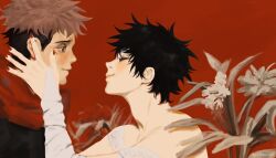 2boys black_hair blush closed_eyes closed_mouth couple flower fushiguro_megumi hand_on_another&#039;s_face highres itadori_yuuji jujutsu_kaisen kiryclaws looking_at_another male_focus multiple_boys red_nails short_hair smile yaoi