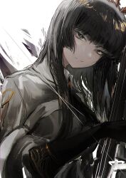  1girl arknights ascot black_ascot black_bustier black_eyes black_gloves black_hair black_halo black_wings blunt_bangs bow_(music) breasts bright_pupils broken_halo bustier buttons cello closed_mouth collared_jacket colored_inner_hair commentary_request dark_halo detached_wings dress_shirt energy_wings eyelashes from_side gloves grey_hair grey_jacket grey_shirt hair_over_shoulder halo hamaguri-san_(hamagur69200744) head_tilt highres hime_cut holding holding_bow_(music) holding_instrument holding_violin instrument jacket layered_sleeves long_hair long_sleeves looking_at_viewer medium_breasts mole mole_under_eye multicolored_hair pale_skin shirt short-sleeved_jacket short_over_long_sleeves short_sleeves sidelocks simple_background smile solo standing straight_hair two-tone_hair very_long_hair violin virtuosa_(arknights) white_background white_pupils wide_sleeves wing_collar wings  rating:General score:3 user:danbooru