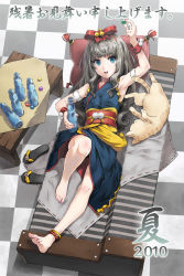 10s 1girl 2010 :d anklet arm_up armpits bare_legs barefoot belt blue_eyes bottle cat checkered_floor couch feet floor from_above fukukitaru full_body highres japanese_clothes jewelry kimono legs lying nail_polish no_socks obi on_back open_mouth original pillow pink_nails ramune sandals sash shoes unworn_shoes silver_hair smile soles solo toenail_polish toenails toes water_bottle yukata zanshomimai rating:Sensitive score:9 user:danbooru