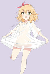 1girl barefoot blonde_hair bottomless clothes_lift female_focus green_eyes grey_background hairband highres idolmaster idolmaster_cinderella_girls idolmaster_cinderella_girls_u149 leg_up lifting_own_clothes loli off_shoulder open_mouth oversized_clothes oversized_shirt ribbon sakurai_momoka see-through_silhouette shirt shirt_lift short_hair simple_background smile solo standing standing_on_one_leg tamayan thighs white_shirt rating:Questionable score:70 user:danbooru