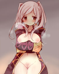  1girl bad_id bad_pixiv_id blush breasts brown_hair coat cowboy_shot crossed_arms female_pubic_hair fire_emblem fire_emblem_awakening hood inverted_nipples lactation large_breasts looking_at_viewer naked_coat navel nintendo nipples no_bra nude pubic_hair pussy pussy_juice robin_(female)_(fire_emblem) robin_(fire_emblem) robin_(male)_(fire_emblem) smile solo steam stomach teu_(navy) twintails uncensored white_hair  rating:Explicit score:77 user:dmysta3000