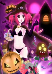  1girl bikini breasts candy cape cleavage dark_resonator duel_monster food gloves halloween hat kuriboh lollipop pumpkin red_eyes red_hair sangan smile swimsuit thighhighs tour_guide_from_the_underworld twintails witch_hat yu-gi-oh!  rating:Sensitive score:25 user:ZeroRequiem
