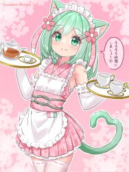  1girl absurdres animal_ear_fluff animal_ears apron blush braid cat_ears cat_girl cat_tail closed_mouth cup elbow_gloves floral_print flower frilled_apron frills gloves green_eyes green_hair hair_flower hair_ornament hairclip hazakura_hinata highres holding holding_tray japanese_clothes kimono looking_at_viewer maid maid_headdress obi original pink_background pink_flower pink_kimono ribbon_trim sash sleeveless sleeveless_kimono smile solo speech_bubble tail teacup teapot thighhighs translated tray variant_set white_apron white_thighhighs 