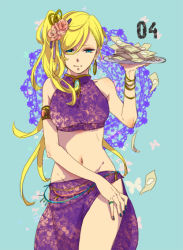  1girl alternate_costume alternate_hairstyle aono_nachi armlet bare_shoulders blonde_hair blue_eyes blue_nails bracelet china_dress chinese_clothes crop_top dress earrings fingernails flower groin hair_flower hair_ornament hair_over_one_eye jewelry long_hair looking_at_viewer midriff money nail_polish naruto naruto_(series) navel ponytail ring sarong side_ponytail side_slit solo yamanaka_ino  rating:Sensitive score:58 user:nauseate