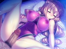 1girl aozora_stripe bed blush braid breasts brown_hair censored closed_eyes game_cg lactation lactation_through_clothes large_breasts long_hair nipples one-piece_swimsuit penis pillow piromizu sawatari_kyouko sleeping swimsuit rating:Explicit score:9 user:spiderfan