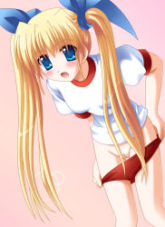 blonde_hair blue_eyes blush cleft_of_venus long_hair open_mouth panties panty_pull pussy sportswear twintails uncensored underwear undressing very_long_hair rating:Explicit score:12 user:sytalidis