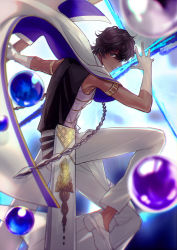  1boy arjuna_(fate) armlet black_hair blue_background cape dark_skin dark-skinned_male elbow_gloves fate/grand_order fate_(series) gloves leg_up looking_at_viewer male_focus orb pants sleeveless solo sunday31 white_gloves white_pants 