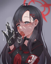  1girl after_fellatio black_choker black_gloves black_hair black_serafuku black_shirt blue_archive blush breasts breath choker cum cum_bubble cum_in_mouth cum_in_nose cum_on_clothes cum_on_hands cum_on_tongue cum_string cumdrip empty_eyes eyebrows eyelashes facial fellatio_gesture female_focus gloves grey_background grey_eyes halo hand_up hetero highres ichika_(blue_archive) long_hair long_sleeves looking_at_viewer medium_breasts naughty_face neckerchief open_mouth oral_invitation raneirujr red_halo red_neckerchief red_sailor_collar red_shirt sailor_collar saliva school_uniform serafuku shirt simple_background solo teeth tongue tongue_out two-tone_sailor_collar two-tone_shirt upper_body upper_teeth_only  rating:Explicit score:113 user:Only_Kemonomimi