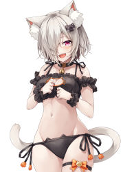  1girl :d absurdres animal_ear_fluff animal_ears bell black_bra black_collar black_panties blush bow bra cat_cutout cat_ear_panties cat_ears cat_girl cat_hair_ornament cat_lingerie cat_tail cleavage_cutout clothing_cutout collar commentary_request fang frilled_bra frills groin hair_ornament hair_over_one_eye hasumi_(hasubatake39) heart highres jingle_bell kuon_(hasumi_(hasubatake39)) looking_at_viewer meme_attire navel neck_bell open_mouth orange_bow original panties purple_eyes side-tie_panties silver_hair simple_background skindentation smile solo tail teeth thigh_strap underwear underwear_only upper_teeth_only white_background wrist_cuffs  rating:Sensitive score:39 user:danbooru