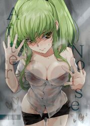  1girl against_glass bare_shoulders black_skirt blush breast_press breasts breasts_on_glass breath c.c. cleavage closed_mouth clothes_pull code_geass collarbone cowboy_shot creayus dress_shirt green_hair grey_background groin hair_between_eyes hair_over_breasts hand_on_glass large_breasts leaning_forward long_hair looking_at_viewer nipples no_bra off-shoulder_shirt off_shoulder partially_unbuttoned shirt short_sleeves sidelocks simple_background skirt skirt_pull standing wet yellow_eyes 