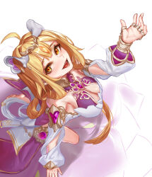  1girl :d absurdres ahoge bare_shoulders blonde_hair breasts cleavage detached_sleeves egyptian_clothes gloves hair_ornament highres honkai_(series) honkai_impact_3rd jewelry large_breasts long_hair looking_at_viewer multiple_rings open_mouth ring smile solo susannah_manatt susannah_manatt_(valkyrie_quicksand) white_background white_gloves white_sleeves wona_(mued8885) yellow_eyes 