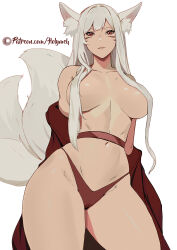  1girl animal_ear_fluff animal_ears breasts collarbone cowboy_shot facepaint feet_out_of_frame fox_ears fox_tail hair_over_breasts hair_over_shoulder highleg highleg_panties highres holy_meh japanese_clothes large_breasts lips long_hair looking_at_viewer multiple_tails navel original panties red_eyes red_panties simple_background solo standing tail thighs topless underwear white_background white_hair  rating:Sensitive score:89 user:danbooru