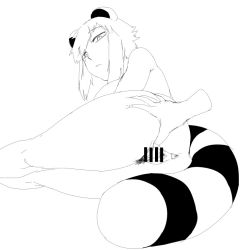 1girl animal_ears anus araiguma-san ass ass_grab bar_censor breasts censored expressionless from_behind greyscale large_breasts lineart looking_back lying monochrome nude on_side original pussy raccoon_ears raccoon_tail short_hair sideboob simple_background solo_focus spread_pussy tail tsukudani_(coke-buta) white_background rating:Explicit score:8 user:danbooru