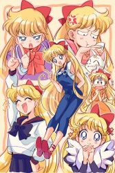  1girl ^_^ aino_minako alternate_costume arm_behind_back artemis_(sailor_moon) bishoujo_senshi_sailor_moon bishoujo_senshi_sailor_moon_stars blonde_hair blouse blue_eyes blue_overalls bow cat closed_eyes crescent crescent_facial_mark facial_mark hair_bow hand_on_own_hip highres long_hair overalls own_hands_clasped own_hands_together red_bow school_uniform serafuku shiba_koen_middle_school_uniform shirt suzuki_(2red_moon3) very_long_hair white_shirt  rating:Sensitive score:15 user:danbooru