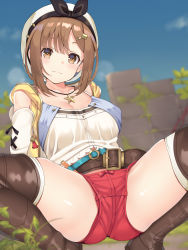 1girl arm_support ass atelier_(series) atelier_ryza atelier_ryza_1 bare_shoulders belt belt_buckle beret blue_sky blurry blurry_background blush boots breasts brown_eyes brown_footwear buckle cleavage collarbone day depth_of_field detached_sleeves hair_ornament hairclip hat highres jewelry large_breasts leaning_back looking_at_viewer necklace outdoors red_shorts reisalin_stout short_hair short_shorts shorts skindentation sky solo spread_legs squatting star_(symbol) star_necklace tassel test_tube thigh_boots thighhighs thighs toketou view_between_legs white_hair white_hat rating:Sensitive score:41 user:danbooru