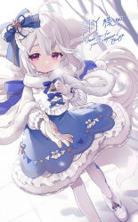  ahoge animal_ear_fluff animal_ears argyle argyle_clothes argyle_legwear back_bow bell bib blue_bow blue_dress blush bow bowtie capelet collar commission dress foot_out_of_frame fox_ears fox_girl fox_tail frilled_collar frilled_dress frills full_body fur-trimmed_capelet fur-trimmed_dress fur-trimmed_gloves fur_trim gloves hair_between_eyes hair_bow hair_ornament hair_scrunchie hands_up high_collar highres large_bow large_ears large_tail layered_dress long_hair long_sleeves looking_at_viewer momoyama_momo original outdoors outstretched_arm outstretched_hand pantyhose print_dress puffy_sleeves red_eyes sakurada_shiro_(hy_plus) sakurada_shiro_(winter)_(hy_plus) scrunchie signature snow star_ornament steam striped_clothes striped_dress tail thank_you tree vertical-striped_sleeves very_long_hair white_capelet white_footwear white_gloves white_hair white_pantyhose white_sleeves wind winter_clothes 