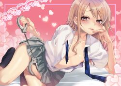  1boy absurdres asmr blonde_hair blue_necktie blush buttons censored collared_shirt crossdressing cuffs dancho_(dancyo) earrings erection handcuffs heart heart_background highres jewelry lace_background long_hair looking_at_viewer male_focus mosaic_censoring necktie nipples no_panties official_art original parted_lips partially_unbuttoned penis pink_background pleated_skirt purple_eyes shirt short_sleeves skirt socks solo testicles trap undone_necktie 