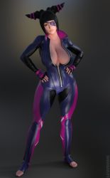  3d black_hair breasts coat eyepatch formal gloves han_juri hand_on_own_hip highres hot huge_breasts jacket lewdink looking_at_viewer open_clothes open_coat open_jacket purple_eyes street_fighter suit toned uniform  rating:Questionable score:21 user:RB26