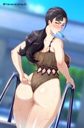 1girl adjusting_clothes adjusting_swimsuit alternate_costume ass bare_shoulders black_hair black_one-piece_swimsuit blush breasts brown_eyes fire_emblem fire_emblem_engage food_in_mouth full-face_blush gold_trim highres large_breasts long_hair looking_at_viewer looking_back mitan_(fire_emblem) mouth_hold nintendo one-piece_swimsuit pool pool_ladder popsicle_in_mouth solo swimsuit twitter_username wet wet_clothes wet_swimsuit yamanata 