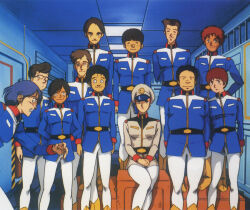  1970s_(style) 1980s_(style) 1girl amuro_ray black_hair blue_hair brown_hair earth_federation gundam hat kai_shiden kawamoto_toshihiro key_visual matilda_ajan mobile_suit_gundam multiple_boys official_art oldschool pantyhose photobomb production_art promotional_art red_hair retro_artstyle scan science_fiction sitting size_difference soldier spacecraft_interior teeth traditional_media uniform white_base 