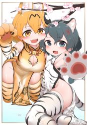  2022 absurdres animal_ears breasts china_dress chinese_clothes chinese_zodiac chis_(js60216) cleavage cleavage_cutout clothing_cutout dress fangs highres kaban_(kemono_friends) kemono_friends sakura_flower serval_(kemono_friends) sideboob textless_version thighhighs year_of_the_tiger  rating:Questionable score:18 user:ANSOC
